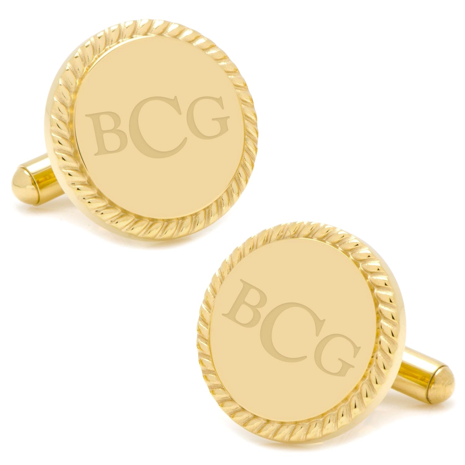 14K Gold Plated Rope Border Round Engravable Cufflinks