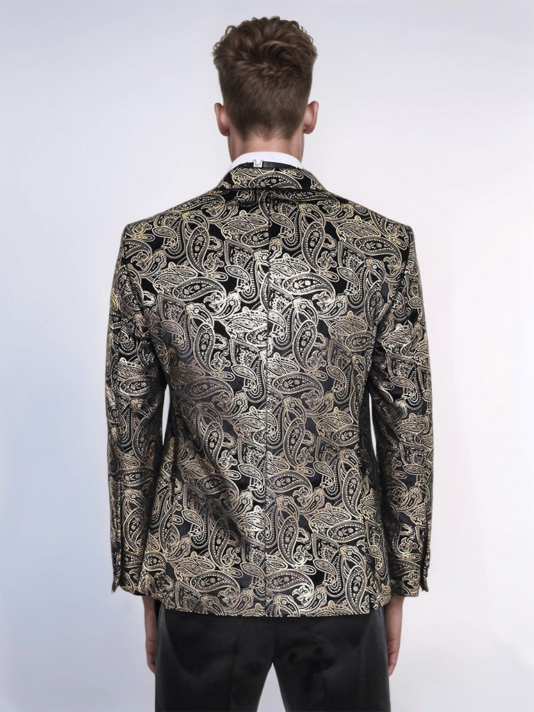 Slim Fit Gold Paisley Patterned Black Men Tuxedo Blazer - Wessi