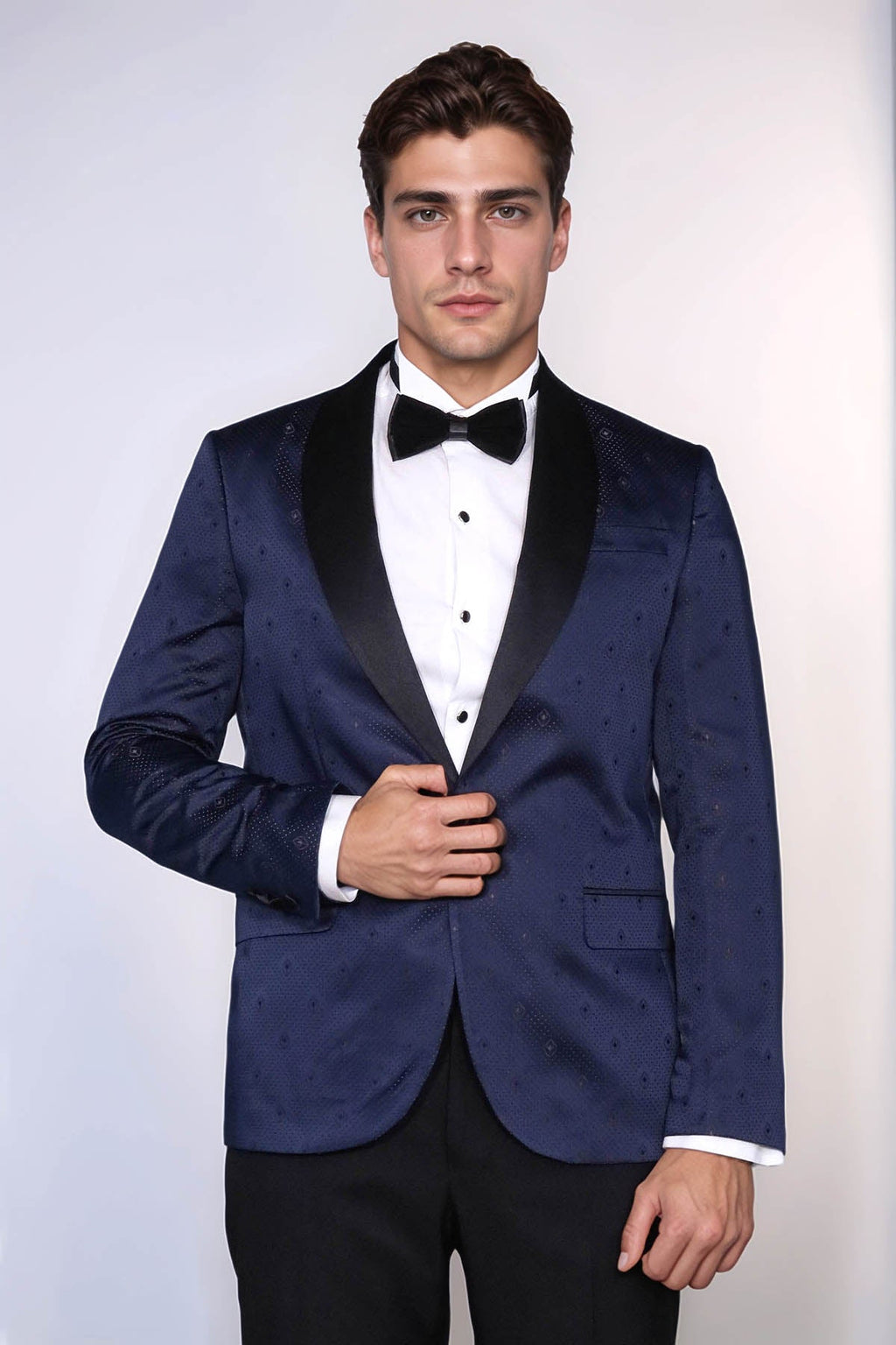 Patterned Shawl Lapel Navy Blue Men Tuxedo Jacket - Wessi