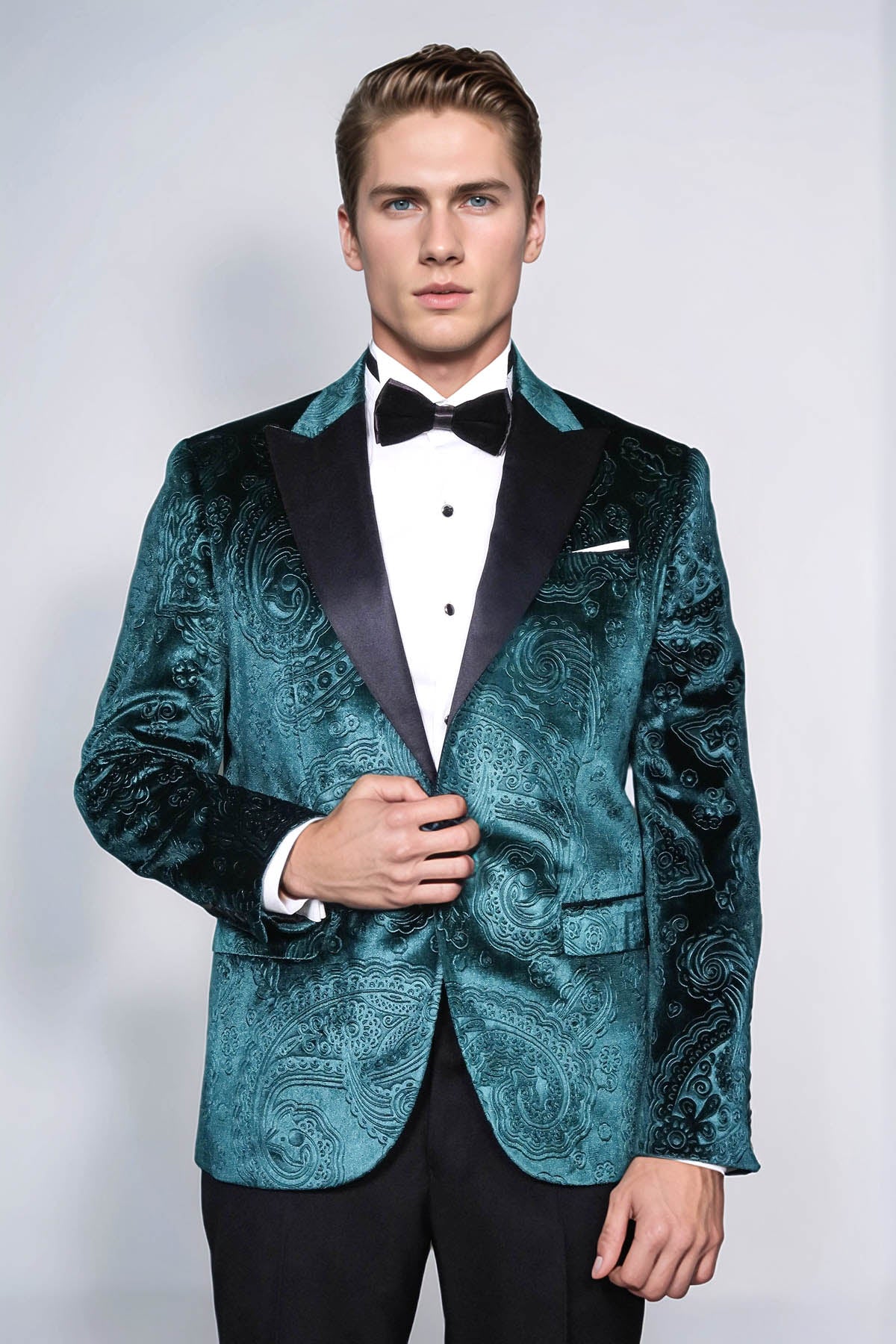 Floral Patterned Velvet Green Men Evening Jacket - Wessi