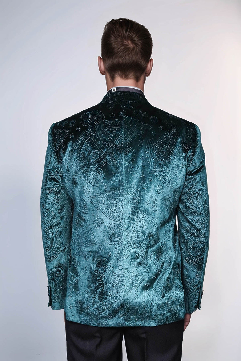 Floral Patterned Velvet Green Men Evening Jacket - Wessi