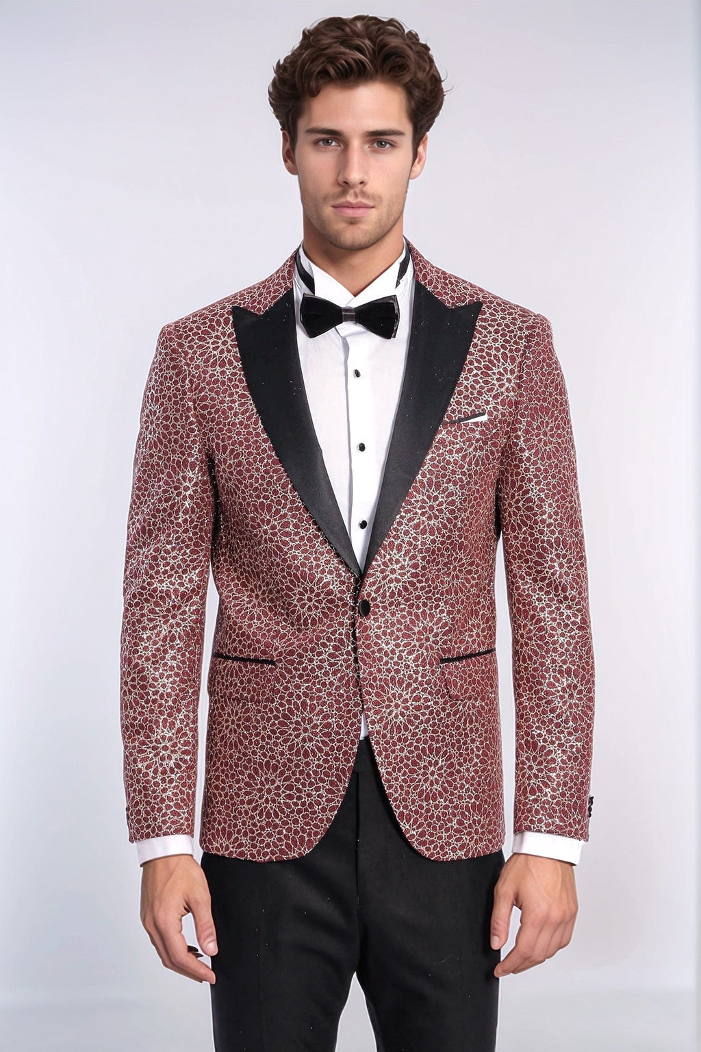 Flower Embroidered Pattern Burgundy Men Tuxedo Blazer - Wessi