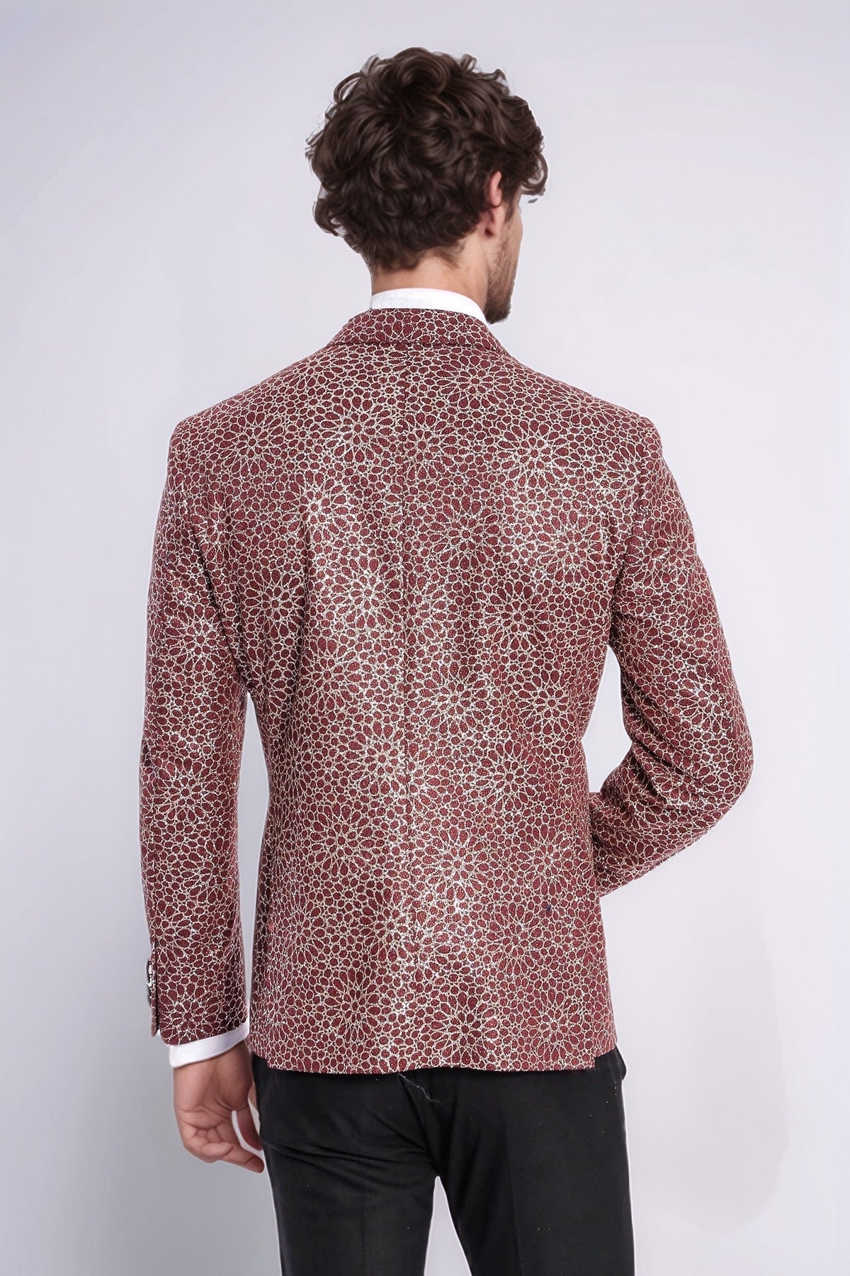 Flower Embroidered Pattern Burgundy Men Tuxedo Blazer - Wessi