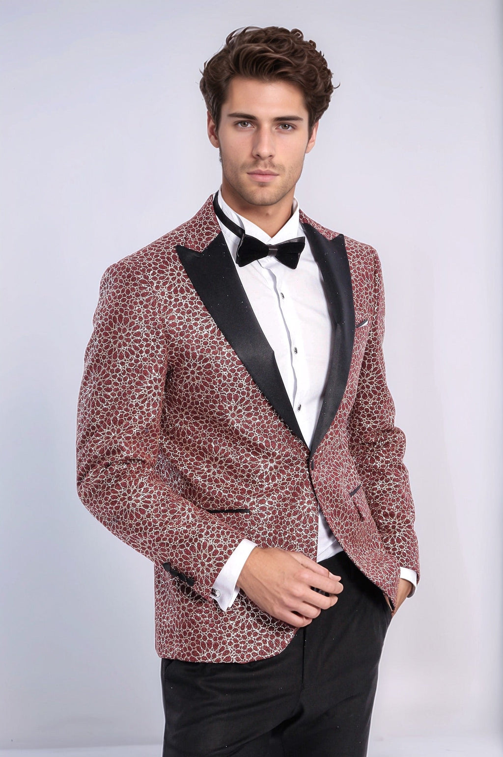 Flower Embroidered Pattern Burgundy Men Tuxedo Blazer - Wessi