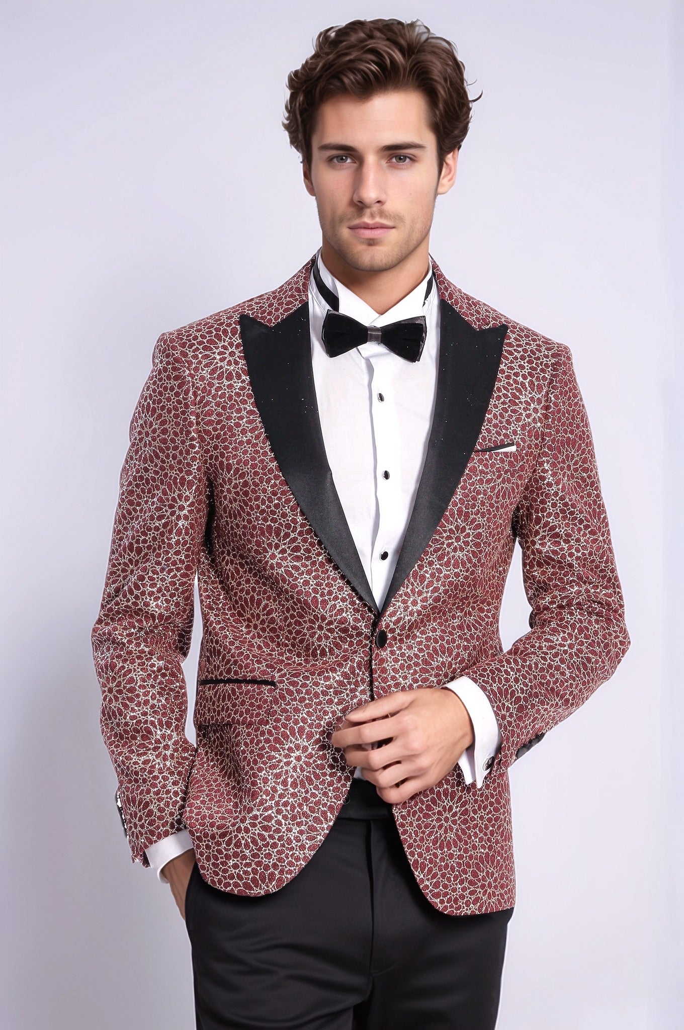 Flower Embroidered Pattern Burgundy Men Tuxedo Blazer - Wessi