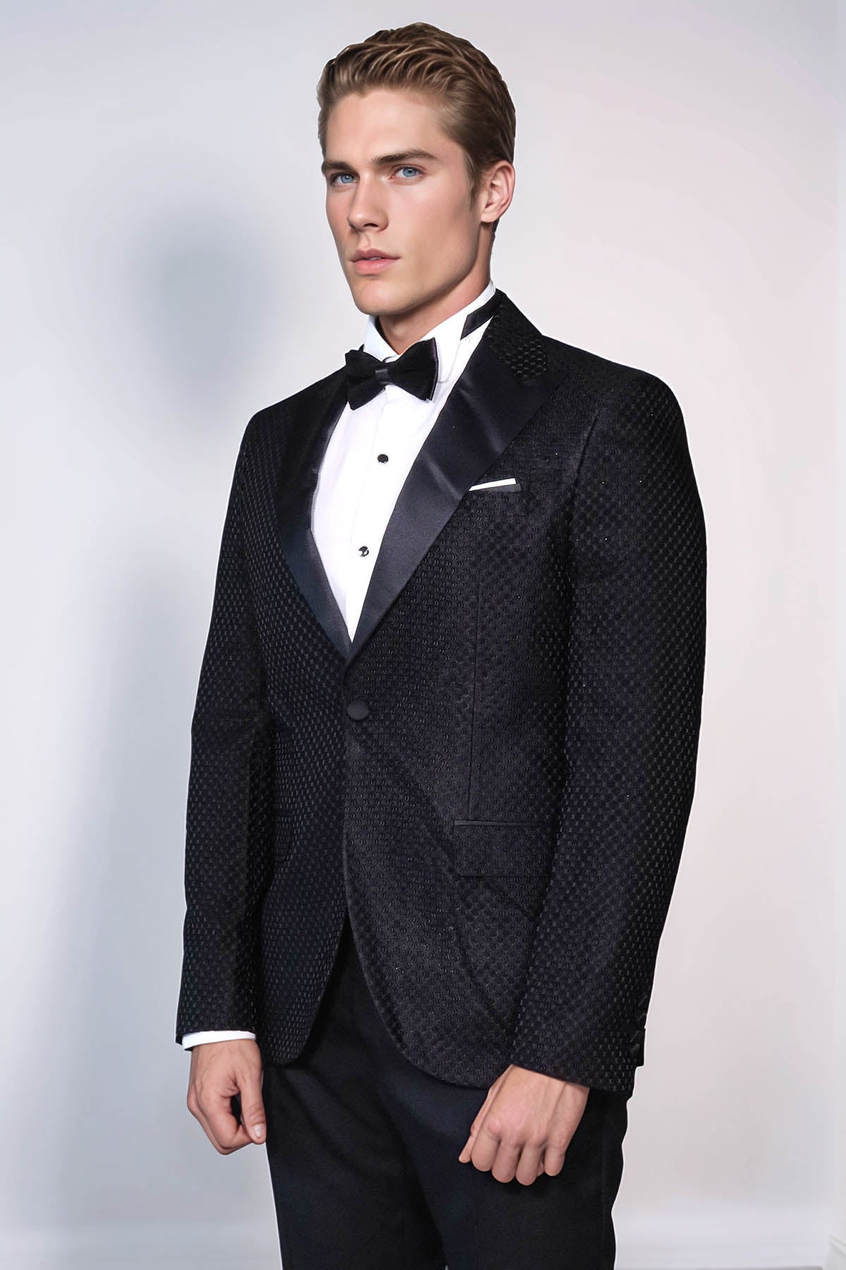 Satin Peak Lapel Textured Men's Royal Black Tuxedo Jacket - Wessi