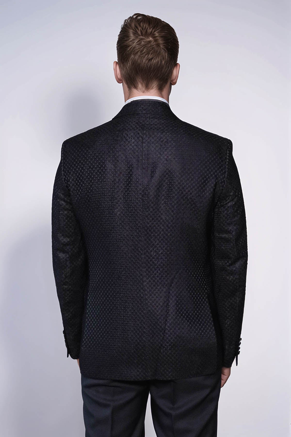 Satin Peak Lapel Textured Men's Royal Black Tuxedo Jacket - Wessi