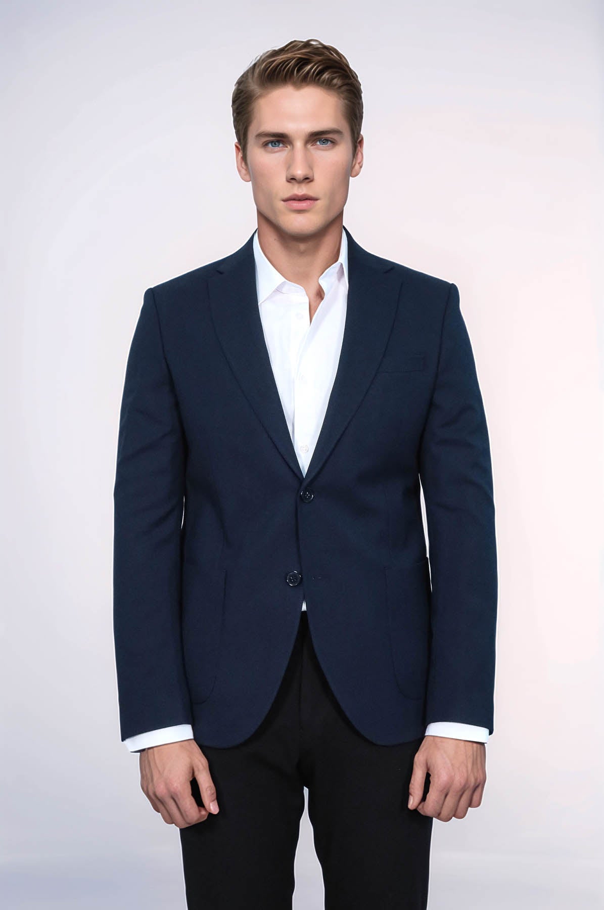 Textured Slim Fit Notch Lapel Navy Blue Men Blazer - Wessi