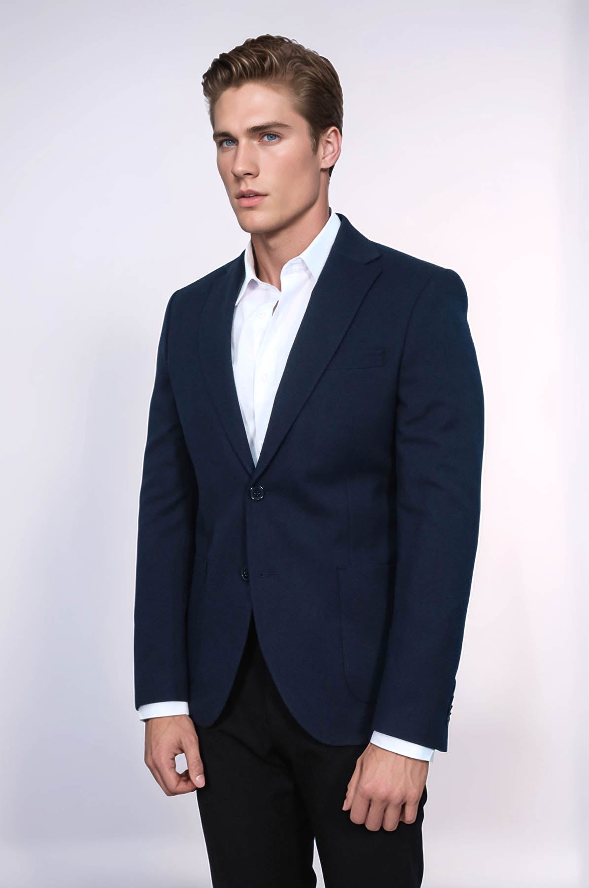 Textured Slim Fit Notch Lapel Navy Blue Men Blazer - Wessi
