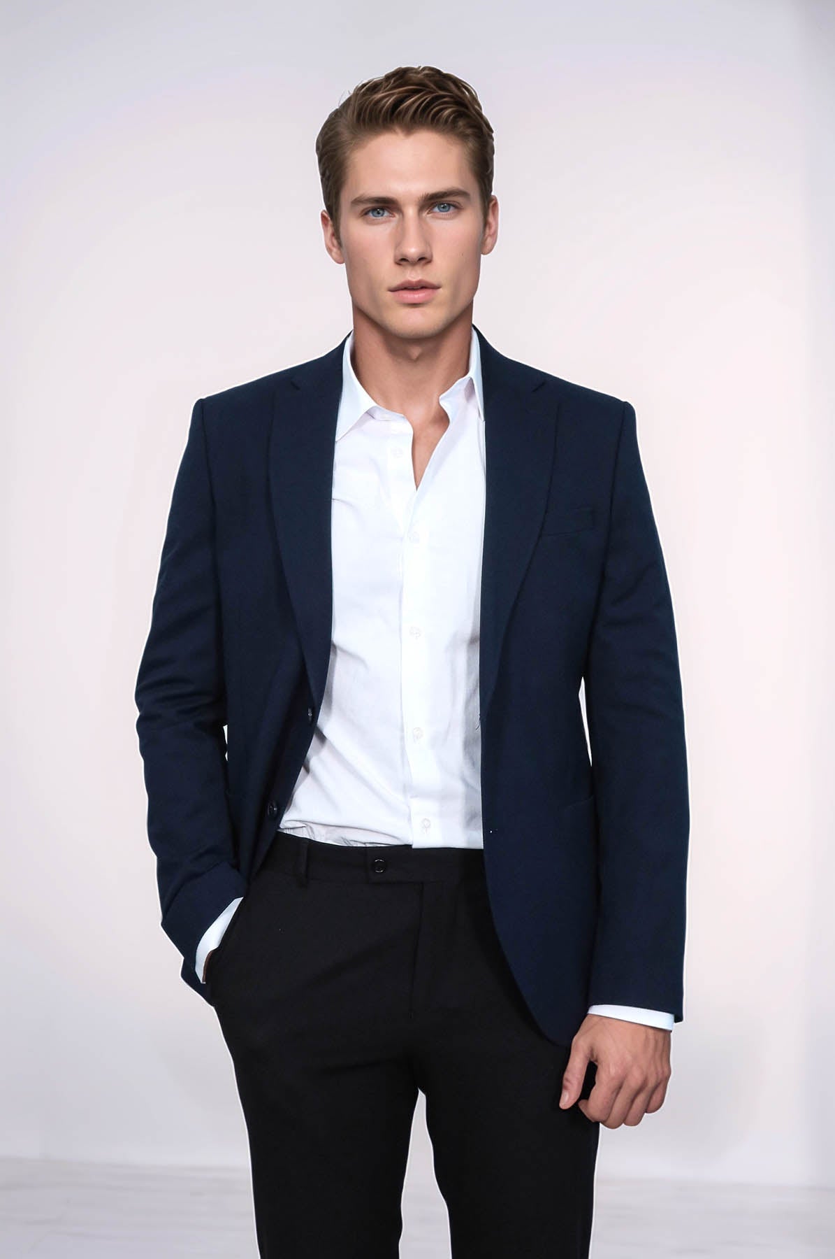 Textured Slim Fit Notch Lapel Navy Blue Men Blazer - Wessi