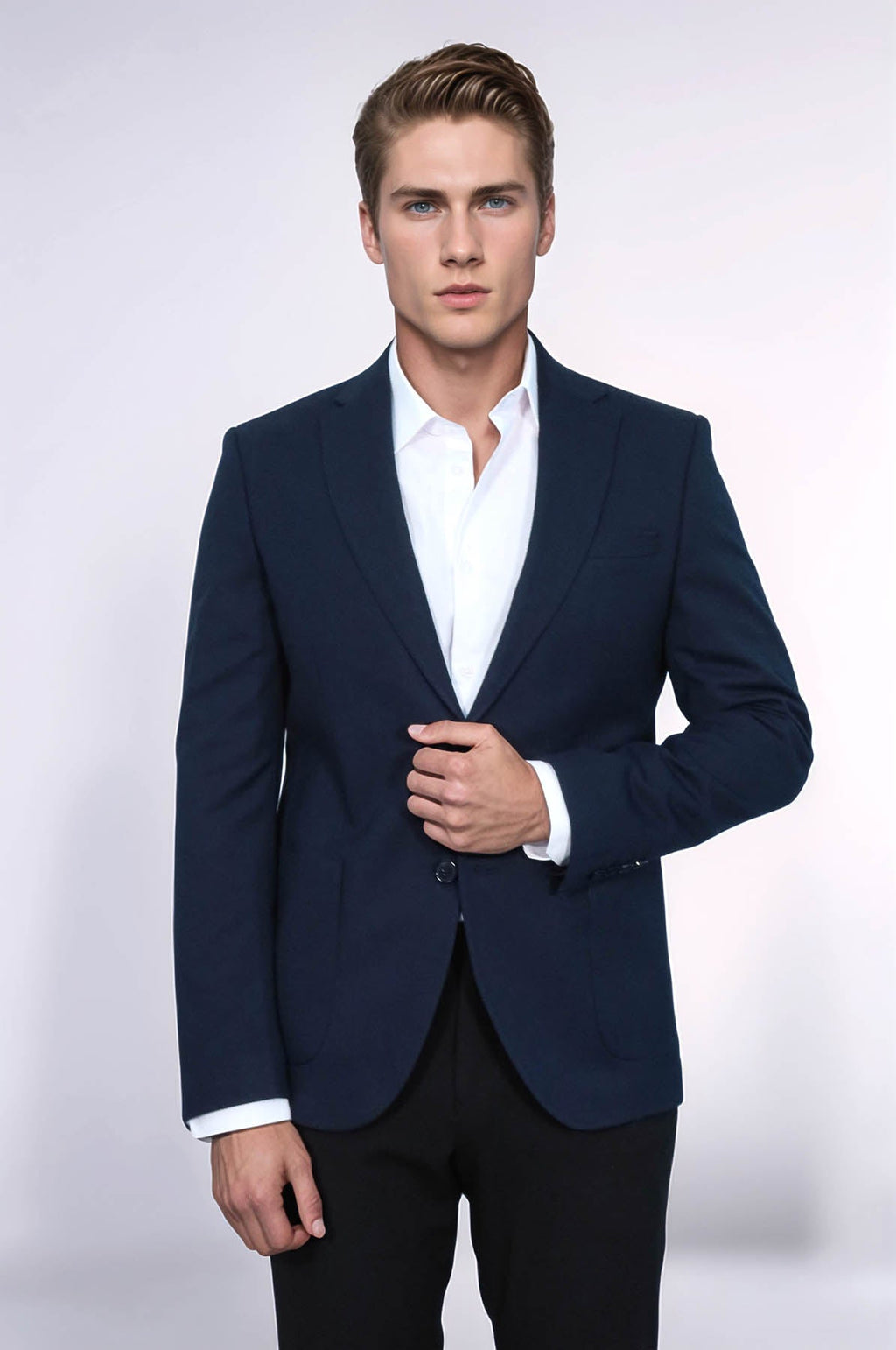 Textured Slim Fit Notch Lapel Navy Blue Men Blazer - Wessi