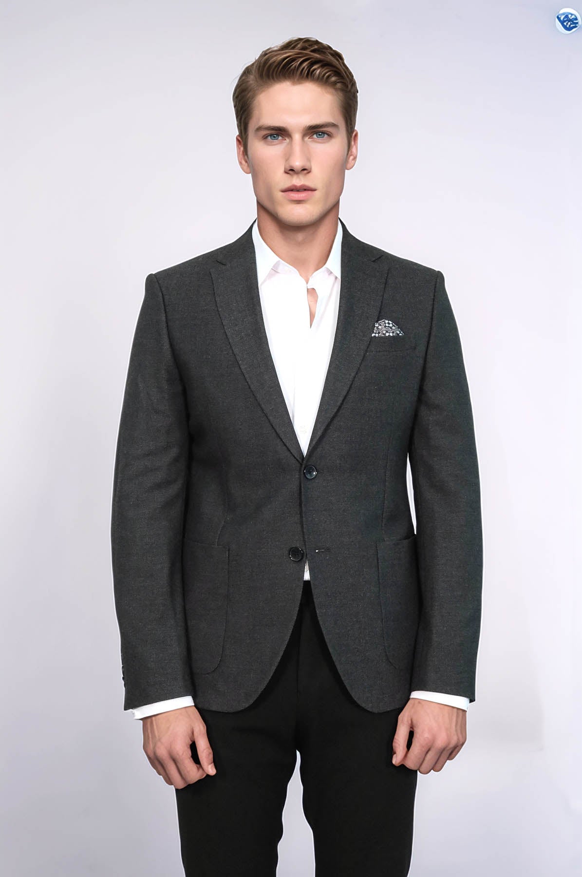 Textured Slim Fit Notch Lapel Anthracite Men Blazer - Wessi
