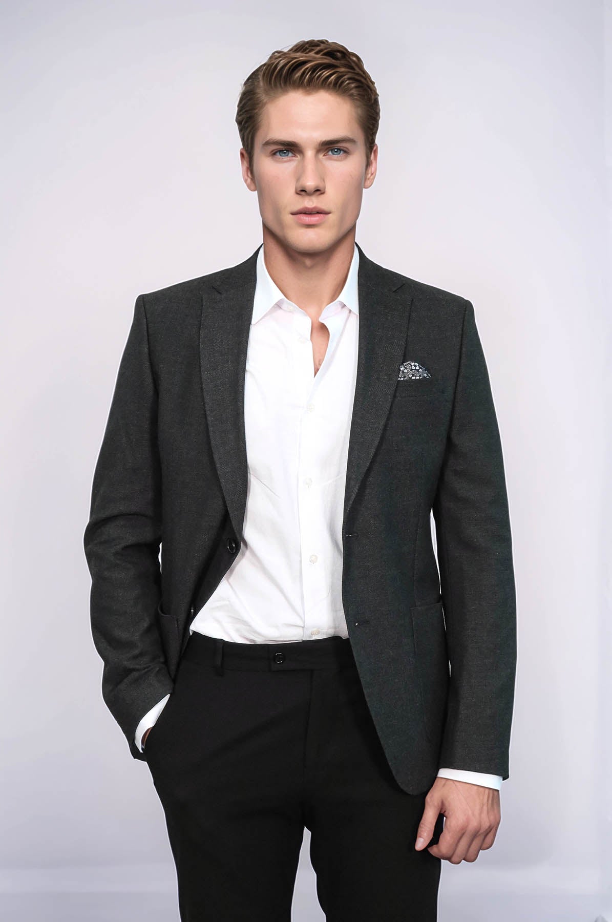 Textured Slim Fit Notch Lapel Anthracite Men Blazer - Wessi