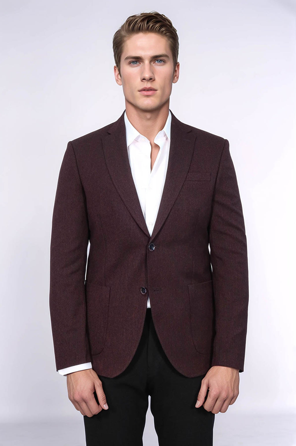 Textured Slim Fit Notch Lapel Burgundy Men Blazer - Wessi