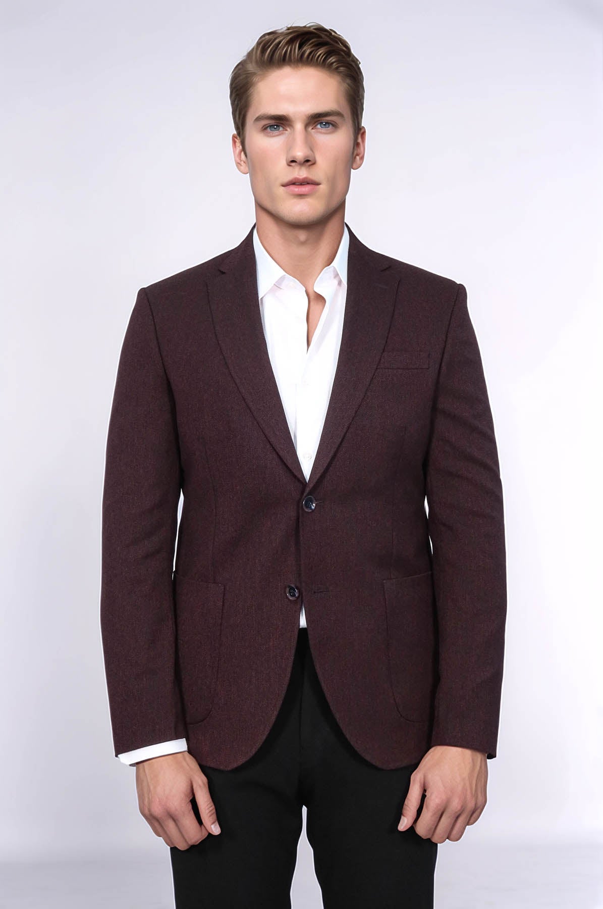 Textured Slim Fit Notch Lapel Burgundy Men Blazer - Wessi