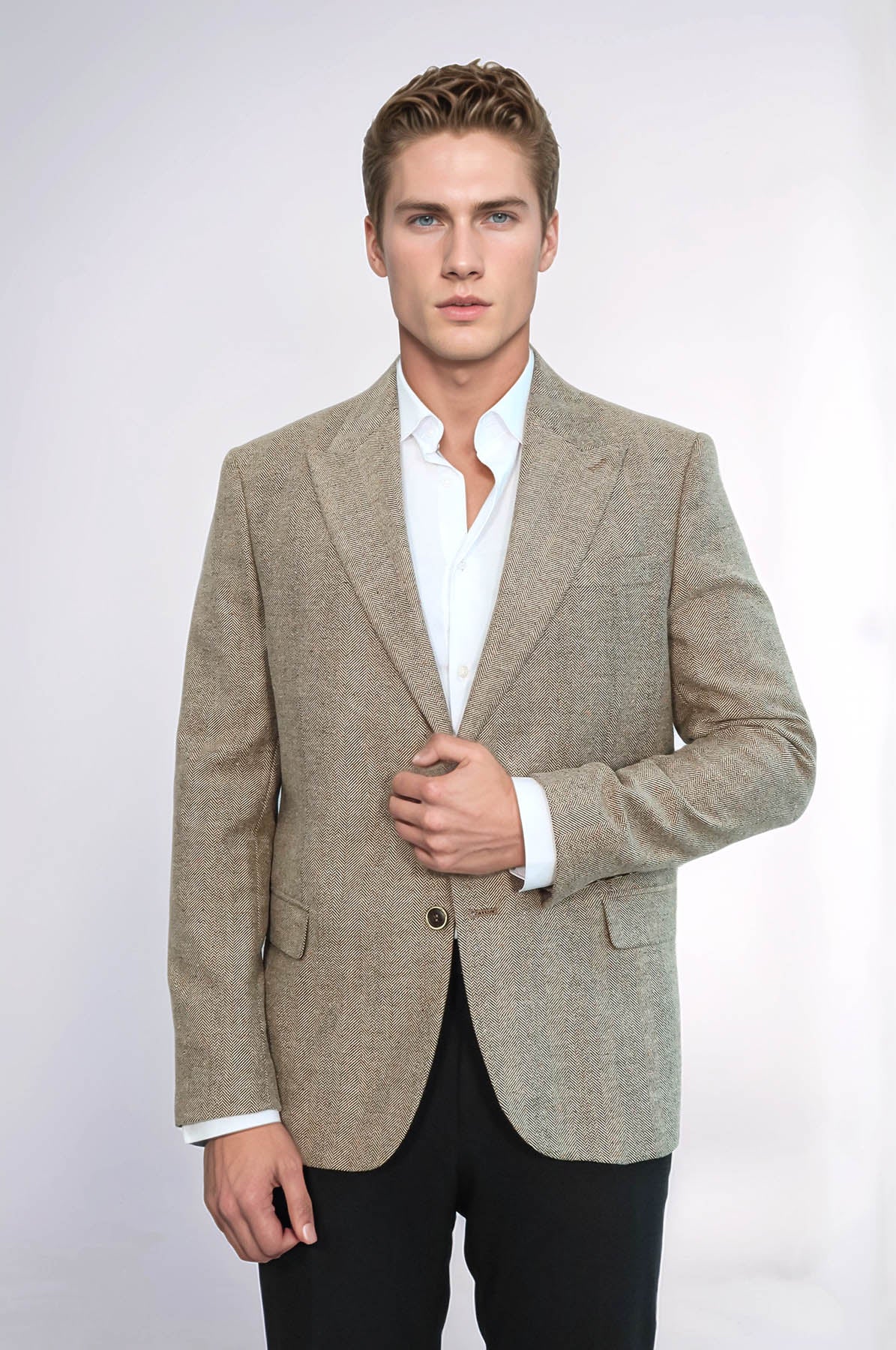 Houndstooth Pattern Wool Cream Men Blazer - Wessi