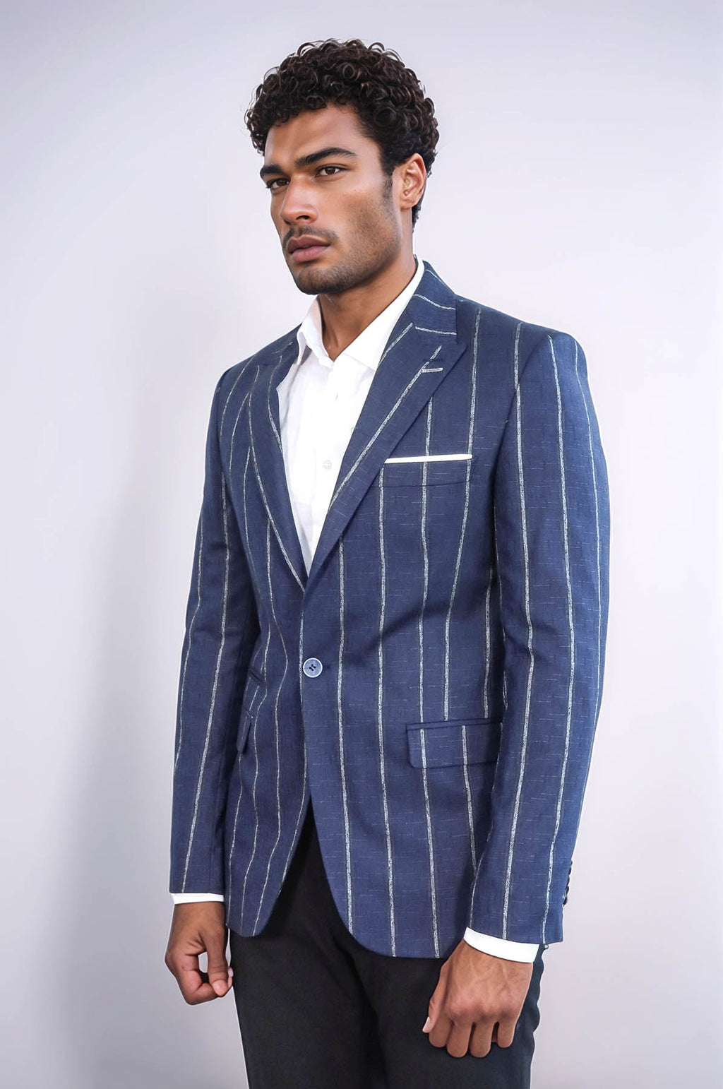Striped Slim-Fit Navy Blue Men Blazer - Wessi