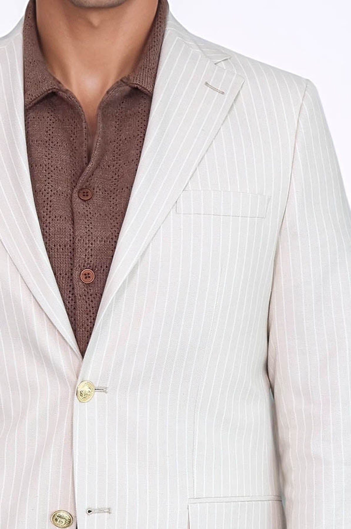 Cream Striped Linen Gold Metal Button Slim Fit Men's Blazer Jacket - Wessi