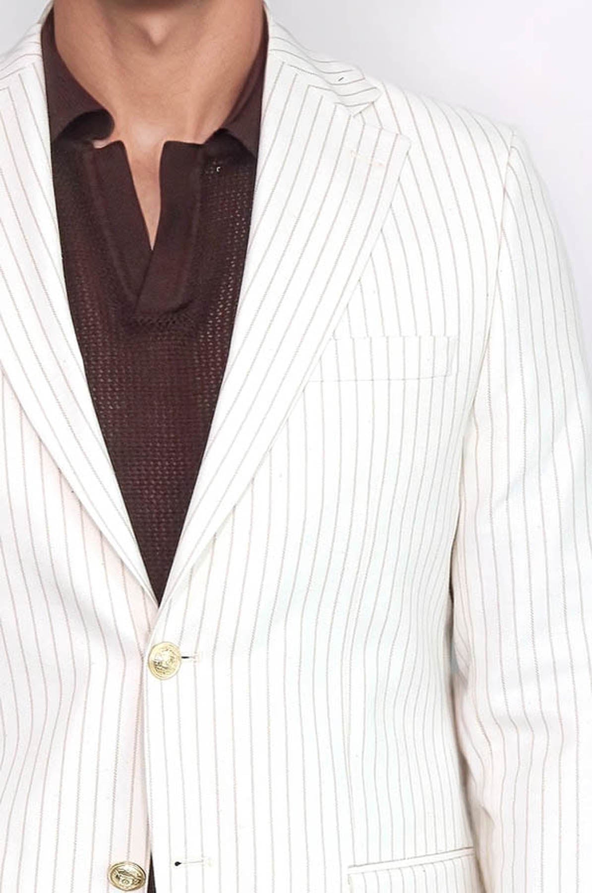 Ecru Striped Linen Gold Metal Button Slim Fit Men's Blazer Jacket - Wessi