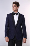 Shawl Lapel Navy Blue Men Sparkly Blazer - Wessi