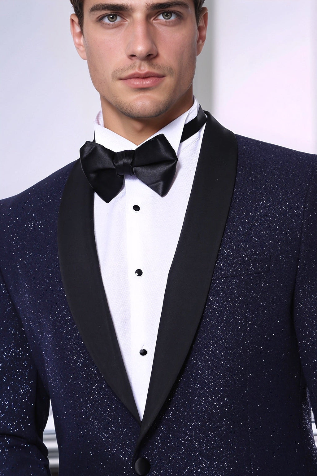 Shawl Lapel Navy Blue Men Sparkly Blazer - Wessi