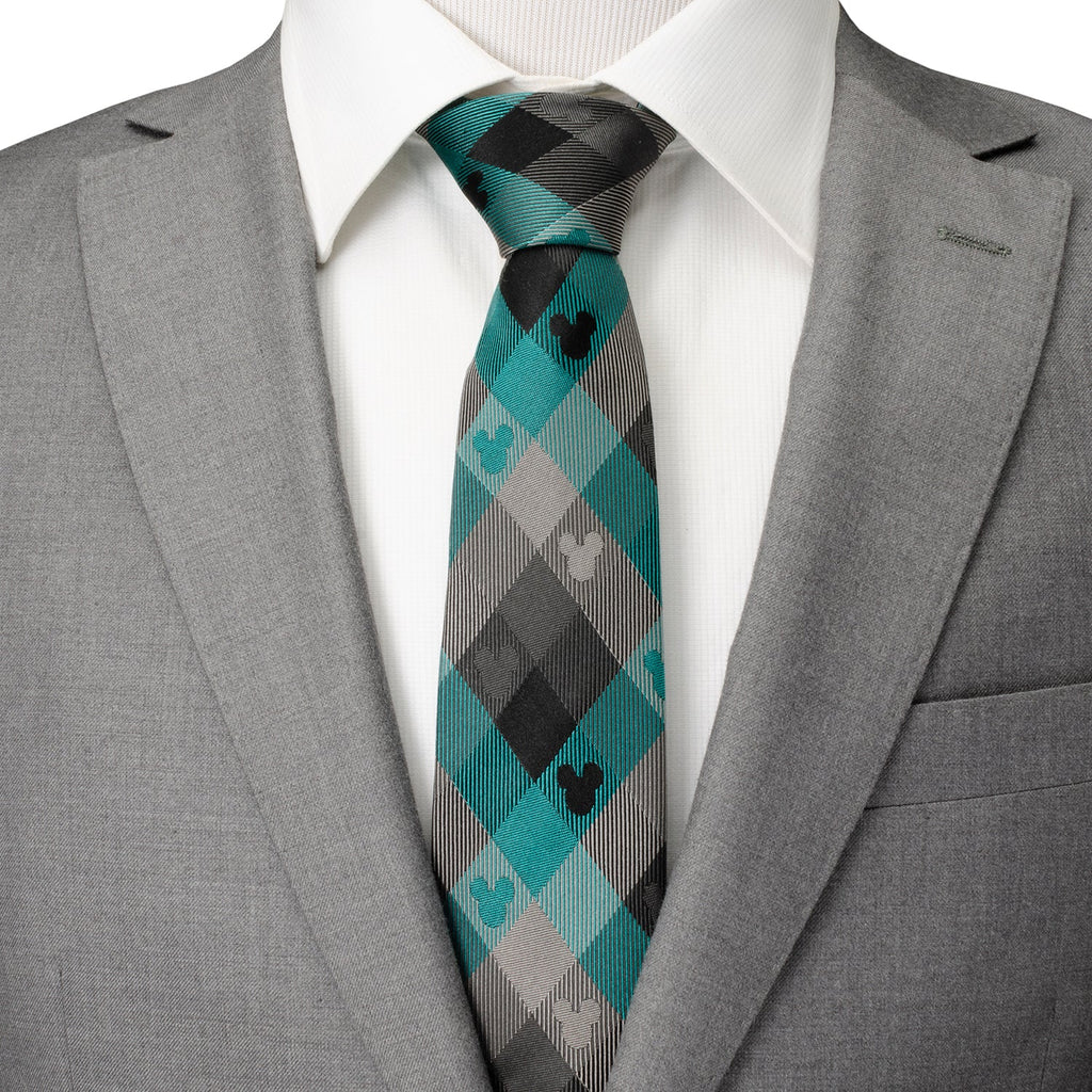 Disney Mickey Mouse Silhouette Teal Plaid Men's Tie
