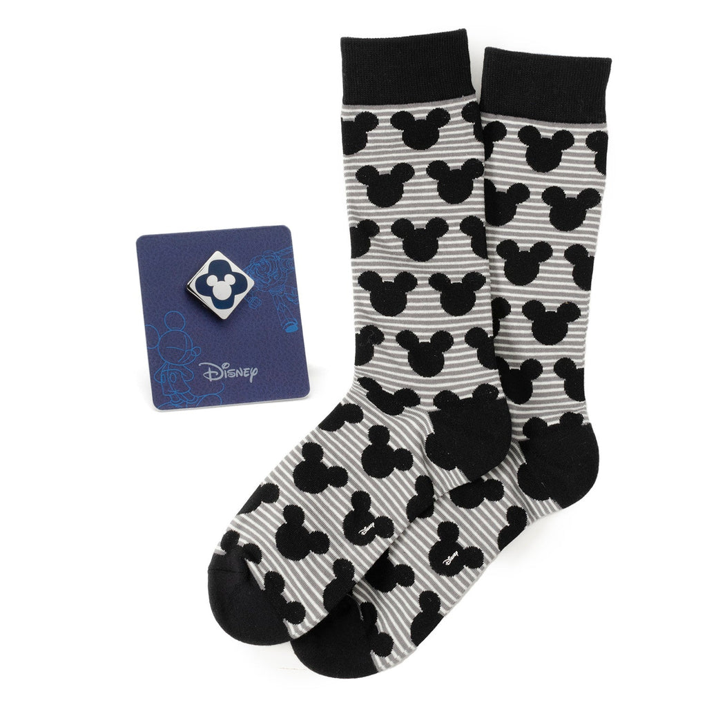 Disney Mickey Mouse Stripe Gray Sock and Mickey Blue Lapel Pin Gift Set