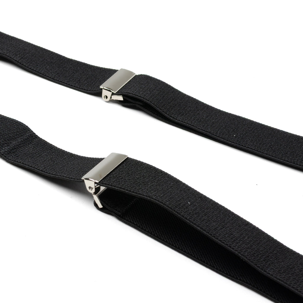 Black Leather/Silver Clip X Back Suspenders