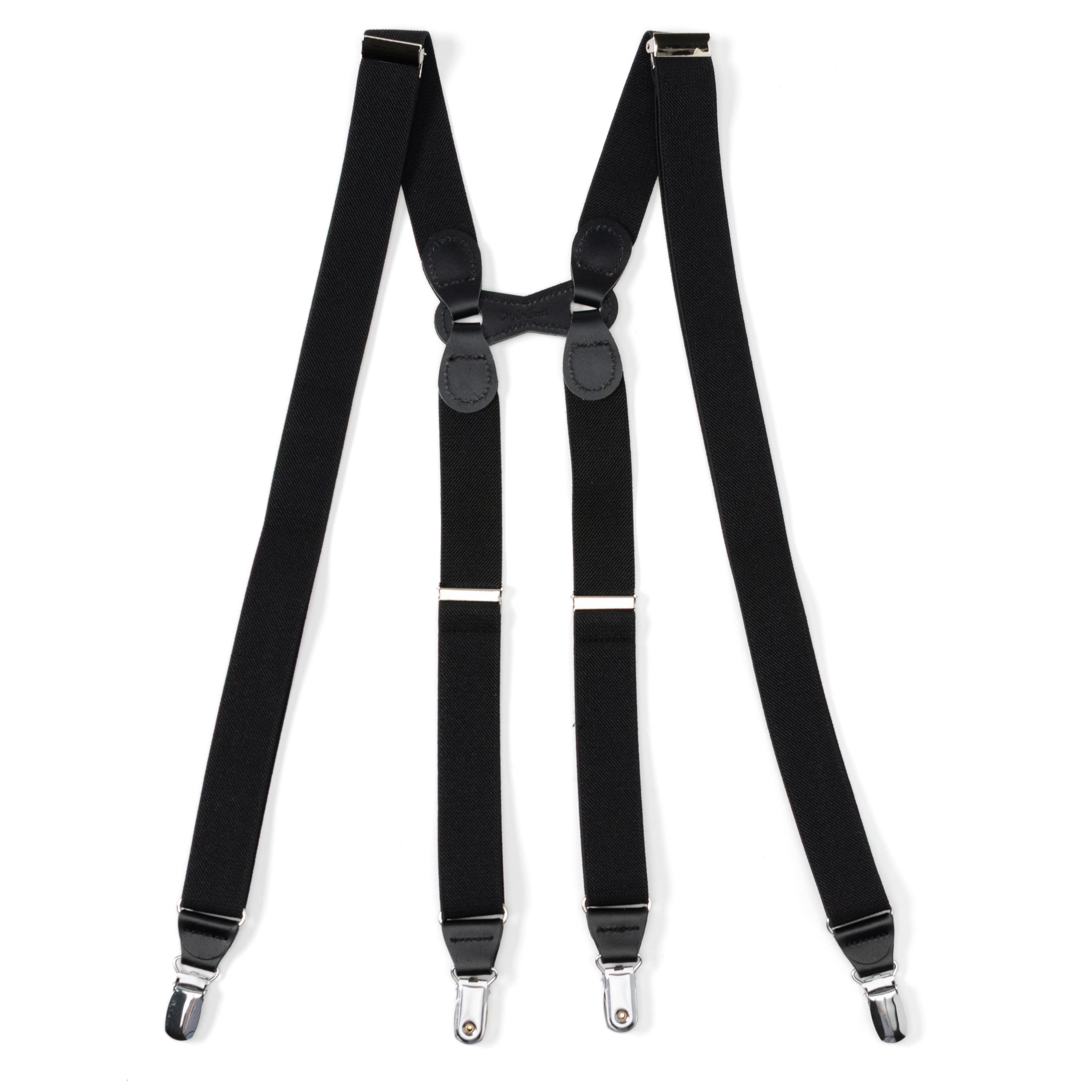 Black Leather/Silver Clip X Back Suspenders
