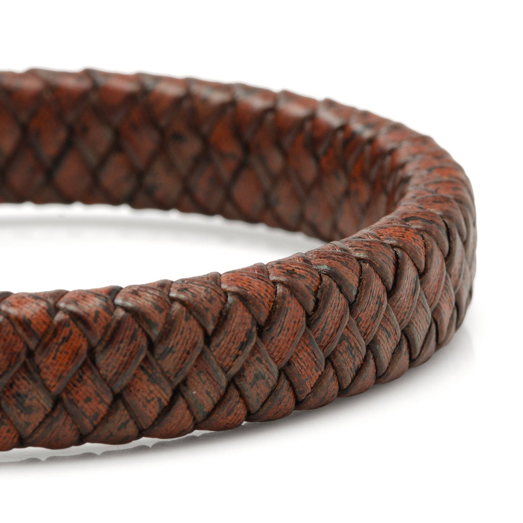 Red Brown Braided Leather Bracelet with Gunmetal Stainless Steel Magnetic Clasp