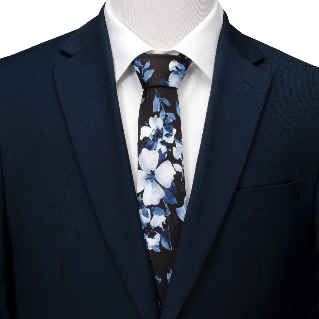 Painted Floral Blue Necktie and Pocket Square Gift Set