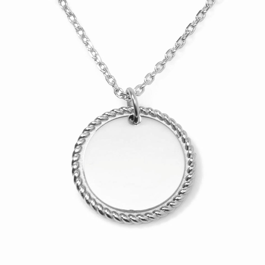Stainless Steel Engravable Round Rope Edge Pendant Women's Box Chain Necklace