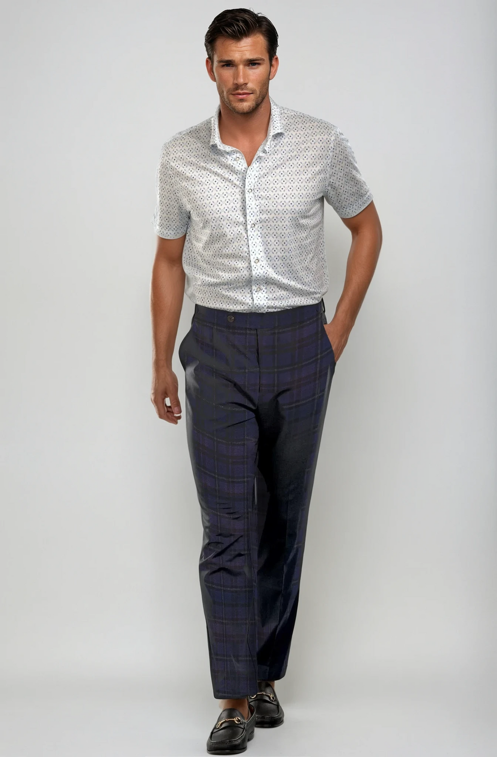 Pleated Wool Trouser Pants - Navy Plaid