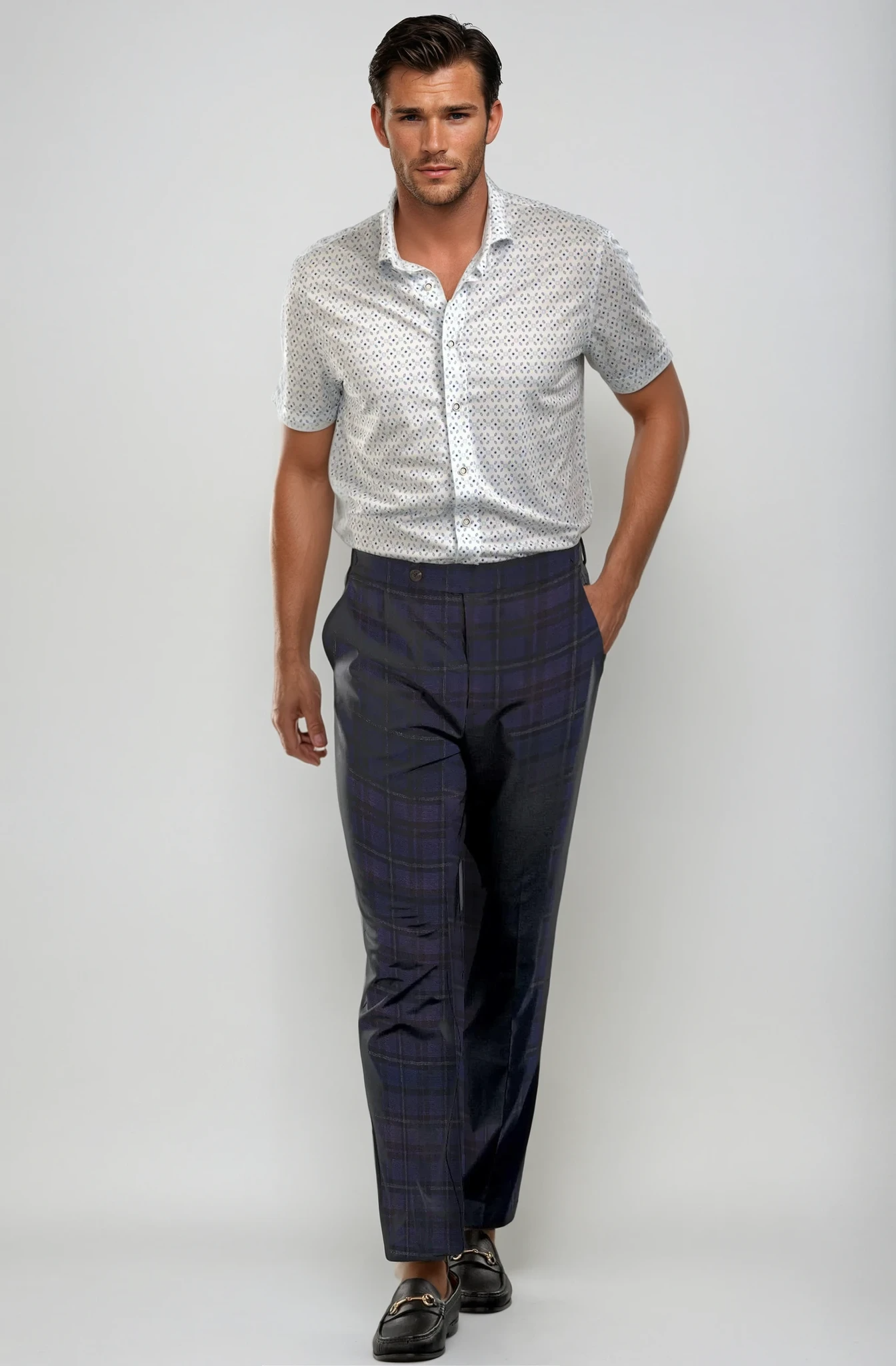 Pleated Wool Trouser Pants - Navy Plaid