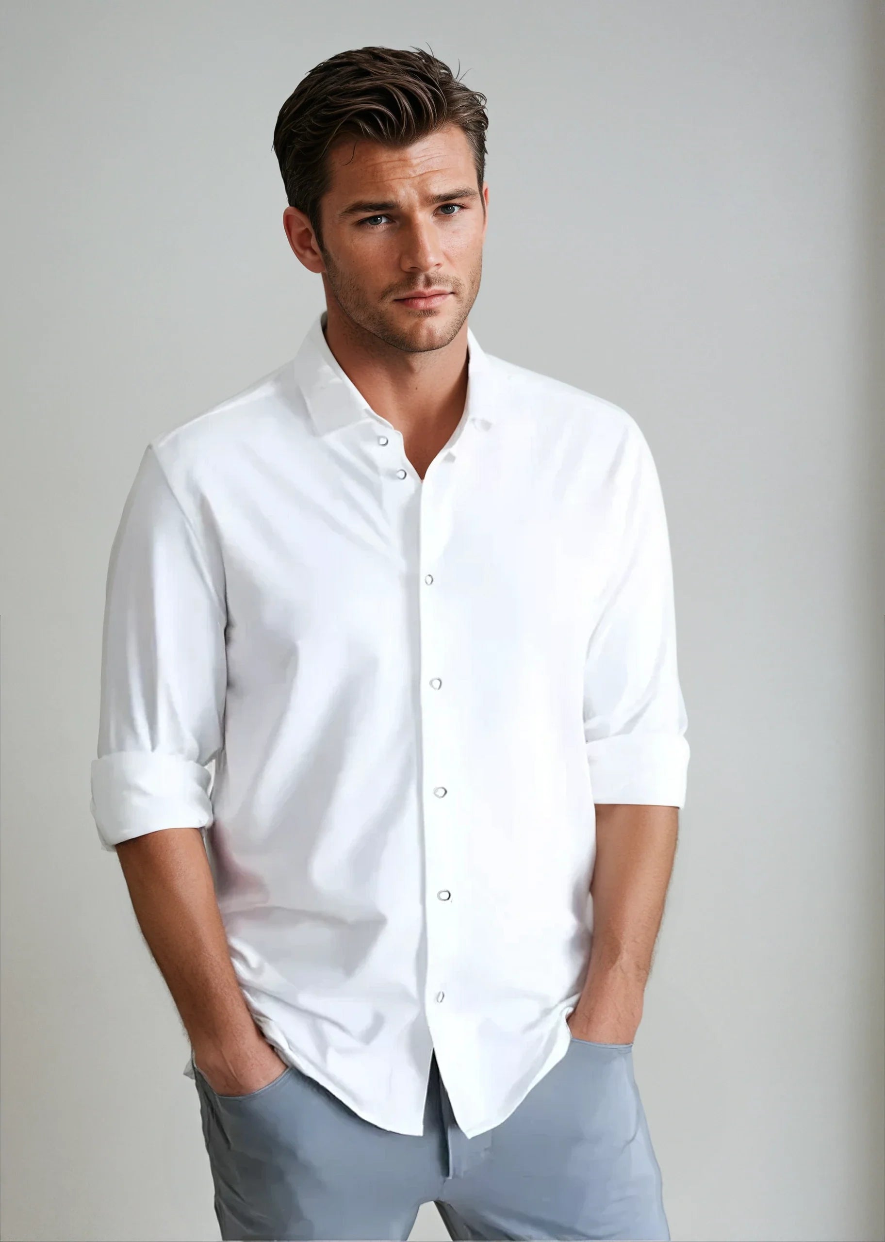 Single Shot Button Front Long Sleeve Shirt - White