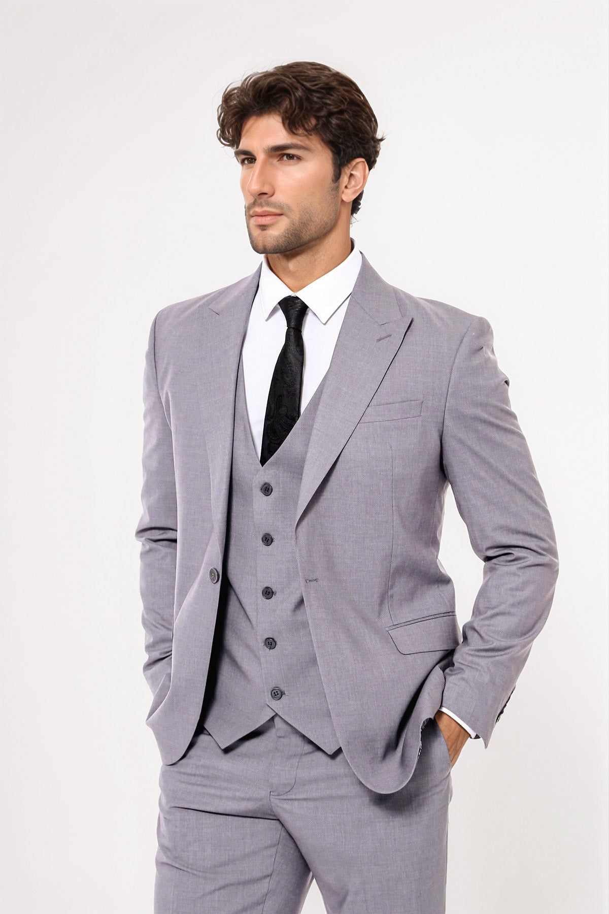 Grey Men's Plain Suit with Vest - Wessi