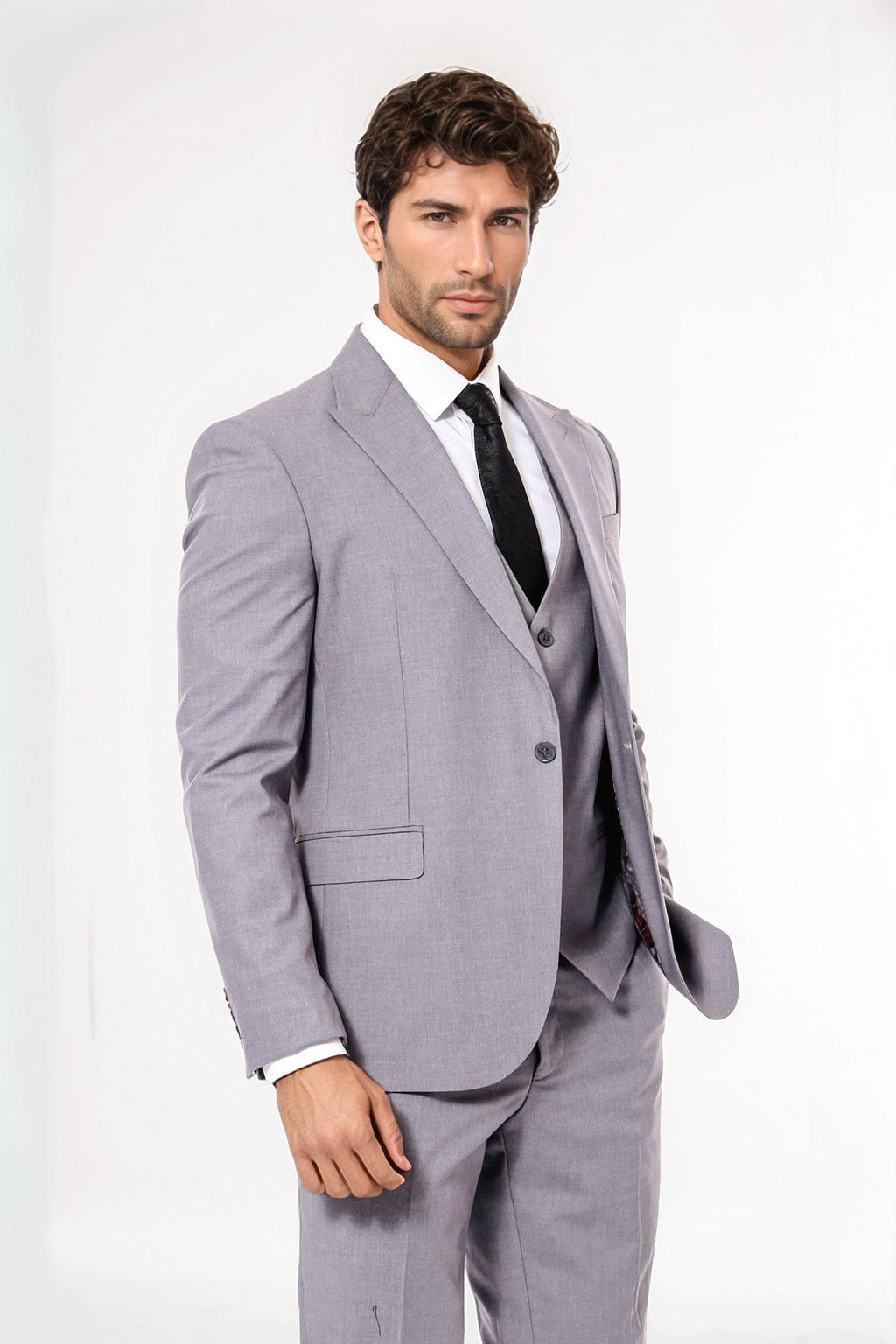 Grey Men's Plain Suit with Vest - Wessi