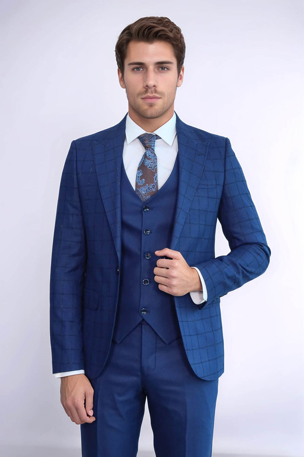 Blue Vested Suit With Plaid Blazer - Wessi