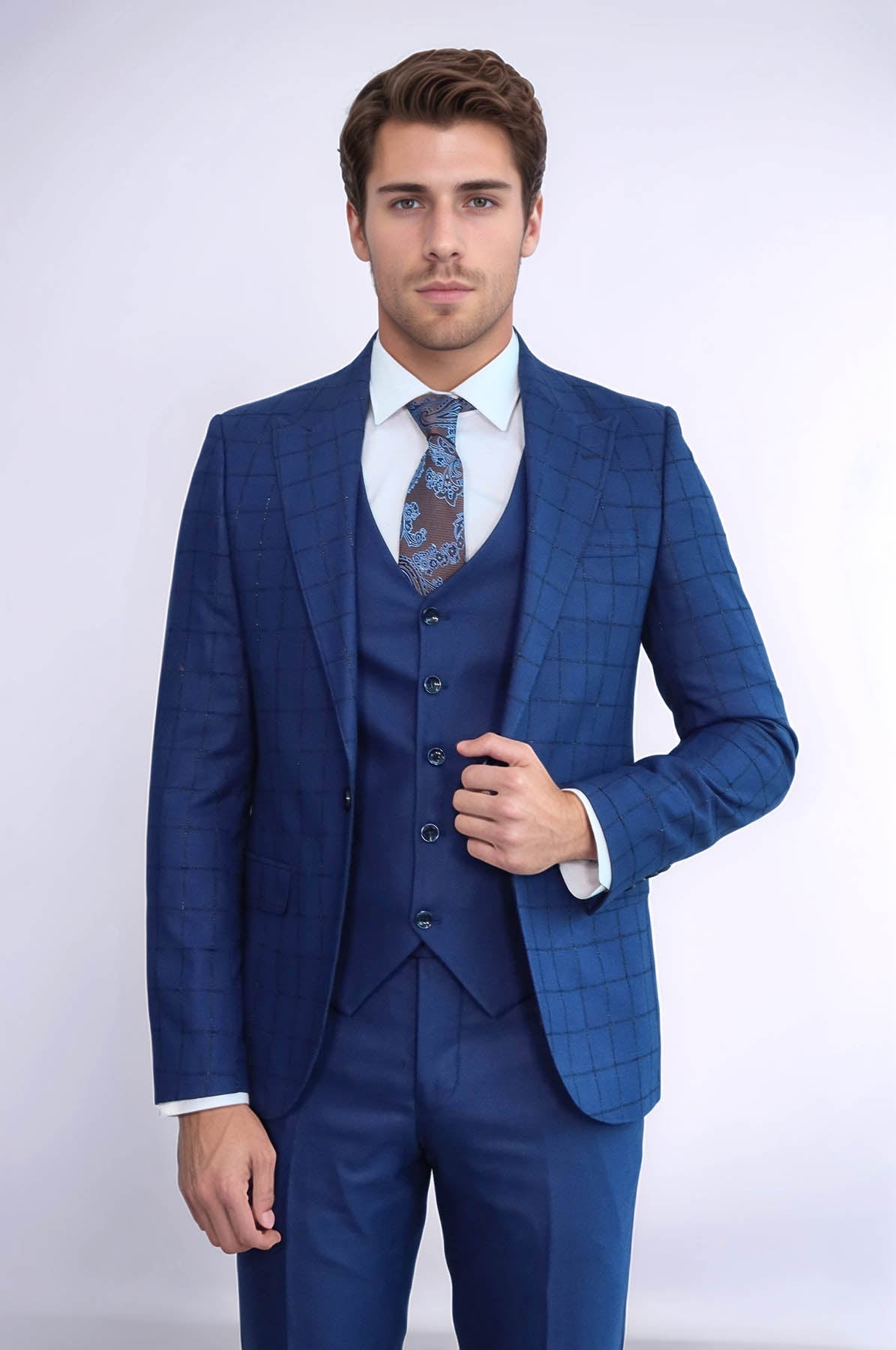 Blue Vested Suit With Plaid Blazer - Wessi