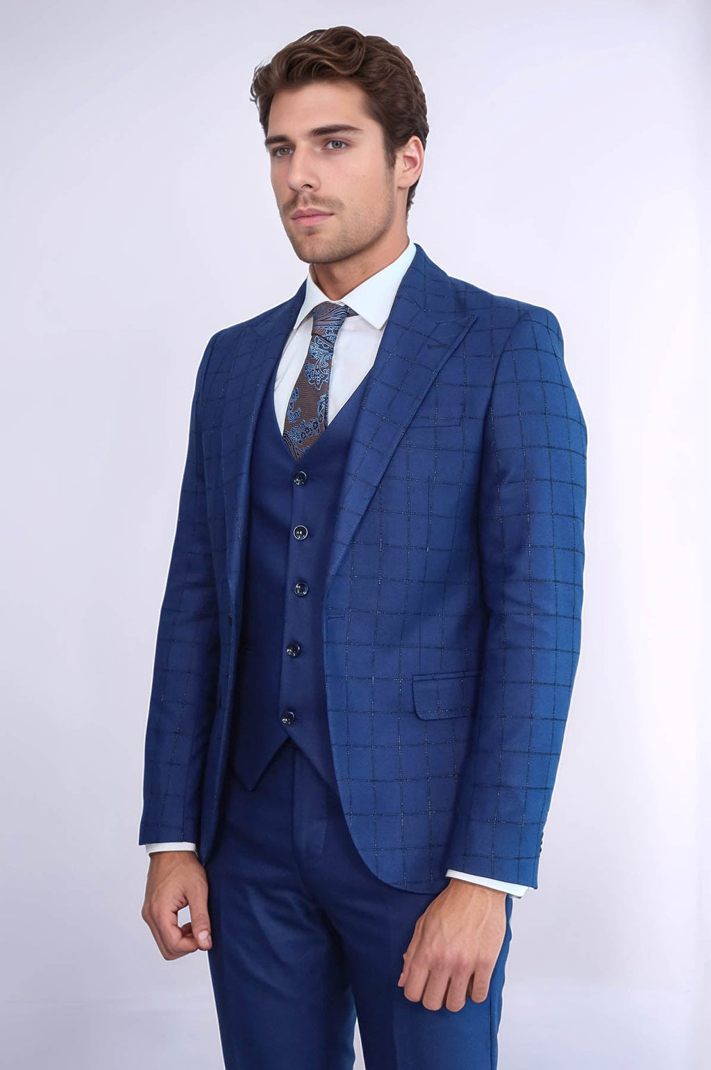 Blue Vested Suit With Plaid Blazer - Wessi