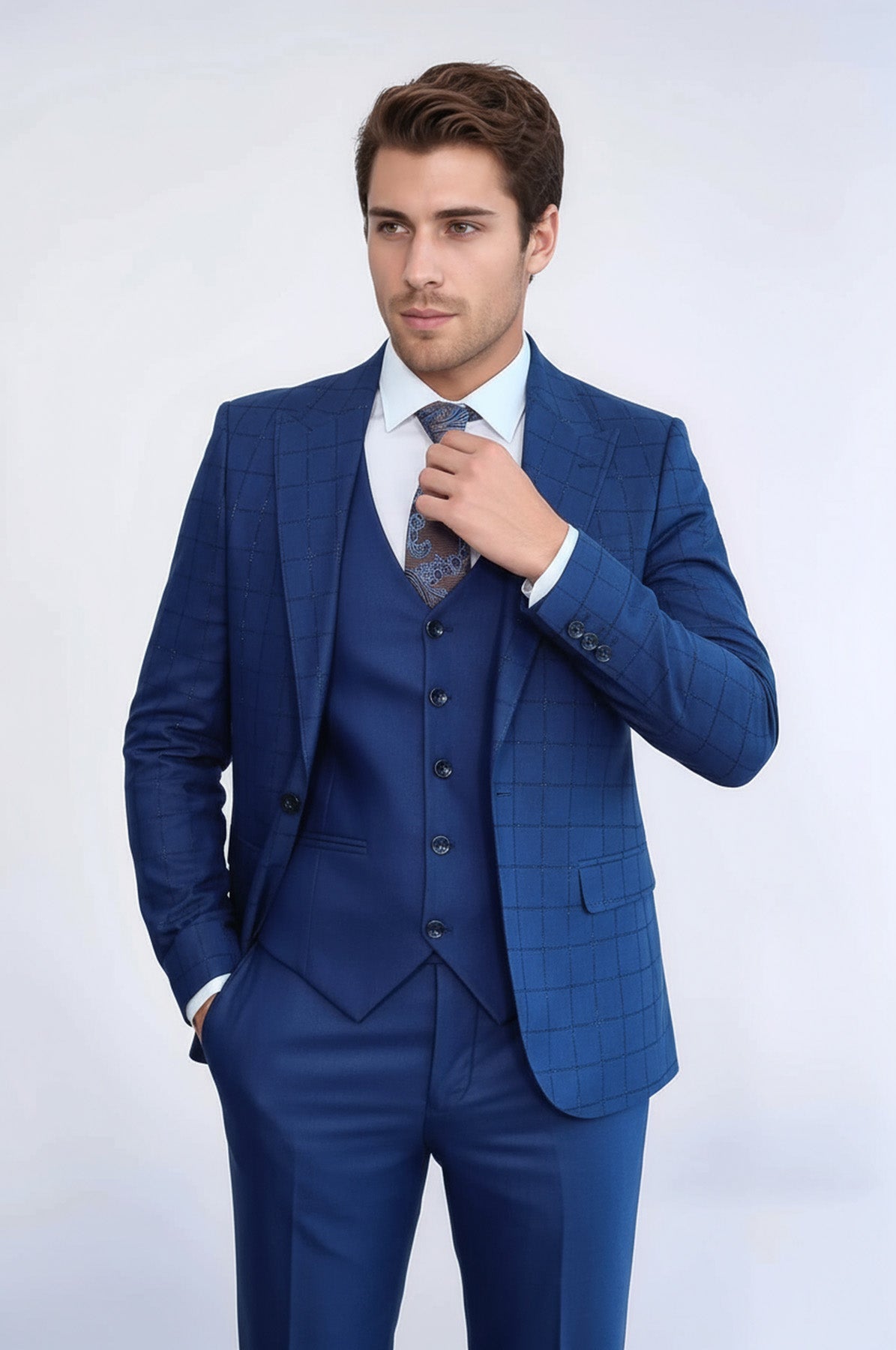 Blue Vested Suit With Plaid Blazer - Wessi