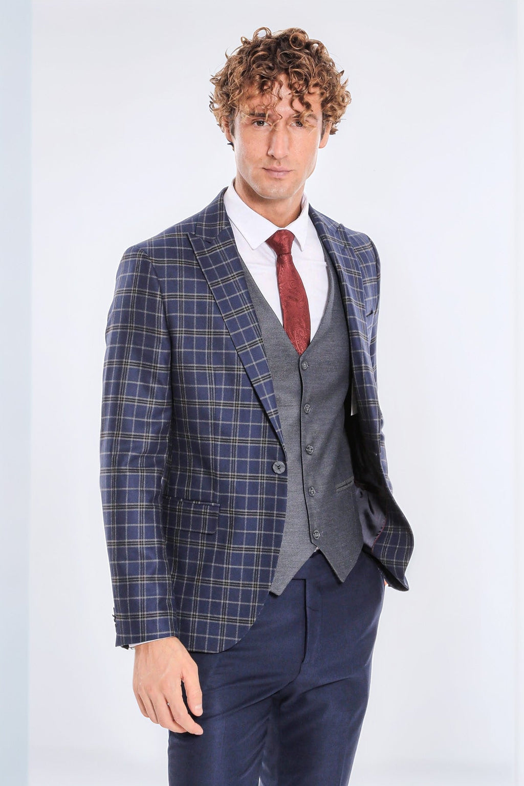 Blue Vested Slim Fit Checked Navy Blue Men Suit - Wessi