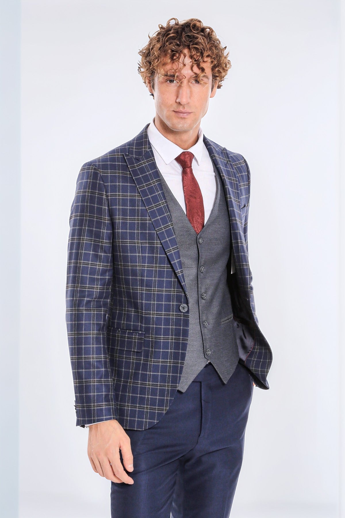 Blue Vested Slim Fit Checked Navy Blue Men Suit - Wessi