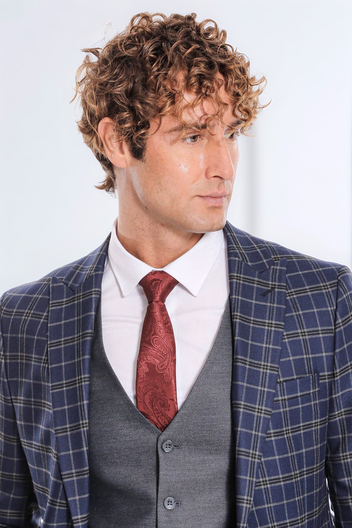 Blue Vested Slim Fit Checked Navy Blue Men Suit - Wessi