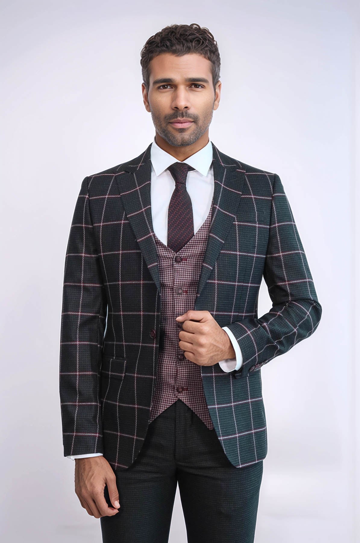 Checked Patterned Slim Fit Black Men Suit - Wessi