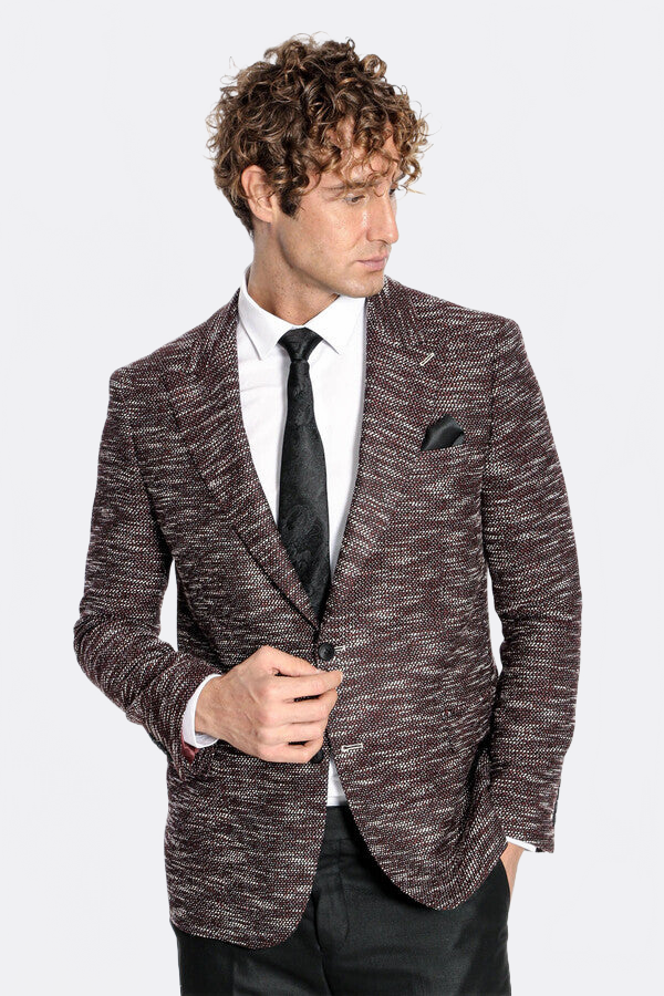 Slim Fit Patterned Sport Burgundy Men Blazer - Wessi